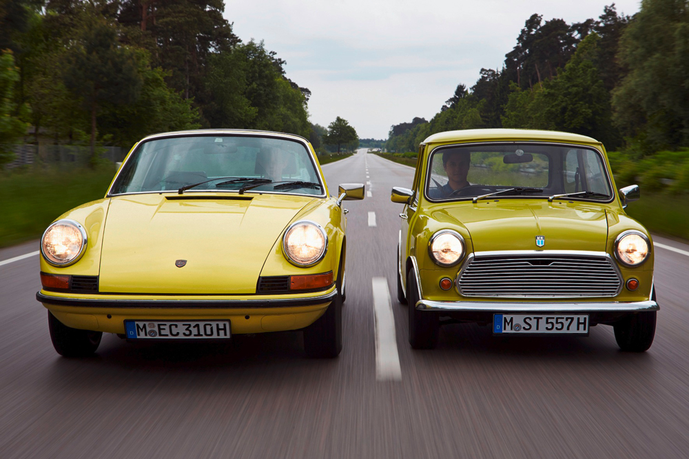 Forever young: The classic Mini congratulates the Porsche 911 on its 50th birthday