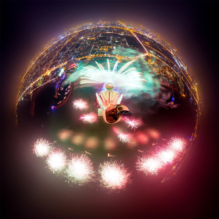 Fisheye lens view – UAE National Day fireworks at Burj Al Arab, Dubai